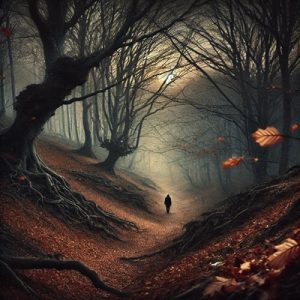 A melancholic autumn scene of a dark forest with ancient trees and scattered leaves on a rough, sloping ground. The sky is cloudy, the last golden leaves stick to the branches. A lonely figure walks through the cold forest and evokes a feeling of loneliness and longing. The wind whirls up the bare branches, creating an atmosphere of loss and nostalgia.
